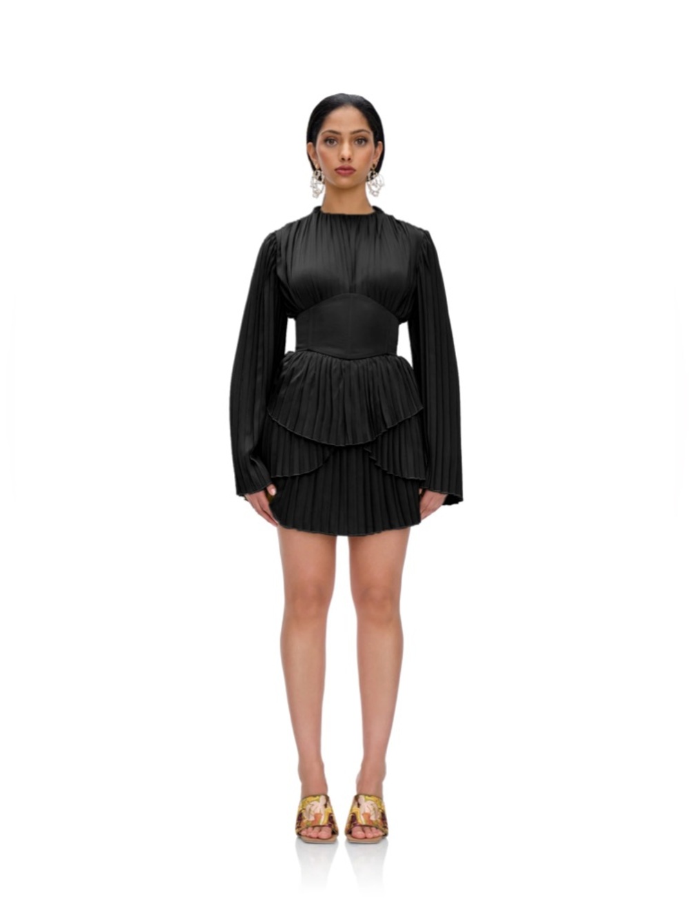Andrea Iyamah Lenti Black Pleated Long-Sleeve Mini Dress